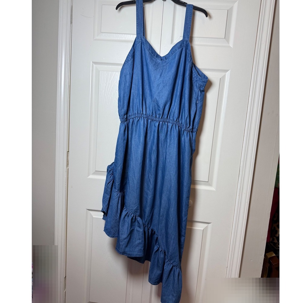 Ashley Stewart blue chambray denim ruffle dress asymmetrical hem